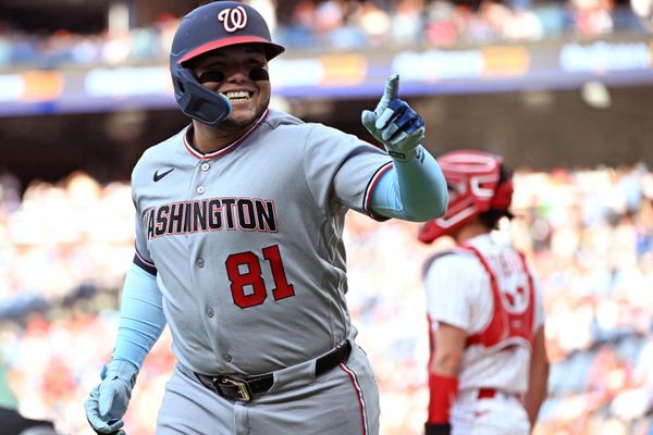 Aug 3, 2026; Philadelphia, Pennsylvania, USA; Washington Nationals first baseman Abimelec Ortiz (81) reacts after hitting a home run during the first inning against the Philadelphia Phillies at Citizens Bank Park. Mandatory Credit: Eric Hartline-Imagn Images