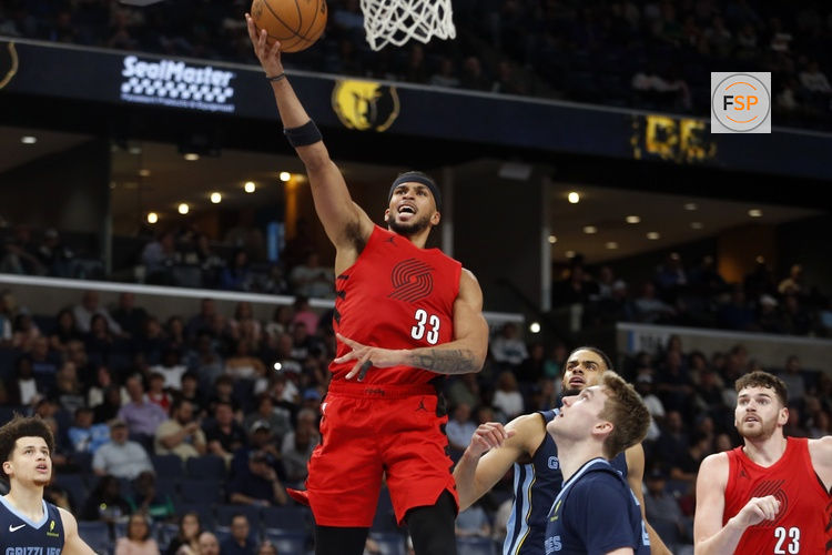 Mar 4, 2026; Memphis, Tennessee, USA; Portland Trail Blazers forward Toumani Camara (33) shoots during the second quarter against the Memphis Grizzlies at FedExForum. Credit: Petre Thomas-Imagn Images
