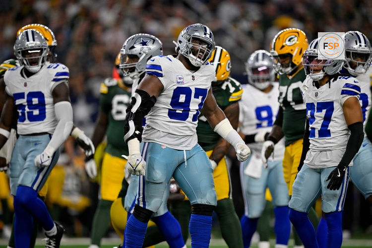 Sep 28, 2025; Arlington, Texas, USA; Dallas Cowboys defensive tackle Osa Odighizuwa (97) celebrates during the game between the Dallas Cowboys and the Green Bay Packers at AT&T Stadium. Credit: Jerome Miron-Imagn Images