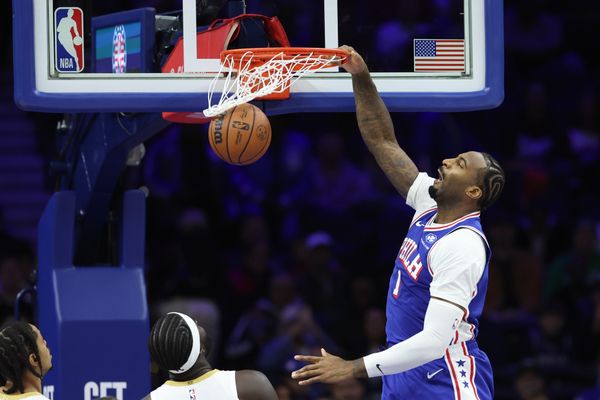 Nov 11, 2025; Philadelphia, Pennsylvania, USA; Philadelphia 76ers center Andre Drummond (1) dunks the ball against the Boston Celtics during the first quarter at Xfinity Mobile Arena. Mandatory Credit: Bill Streicher-Imagn Images