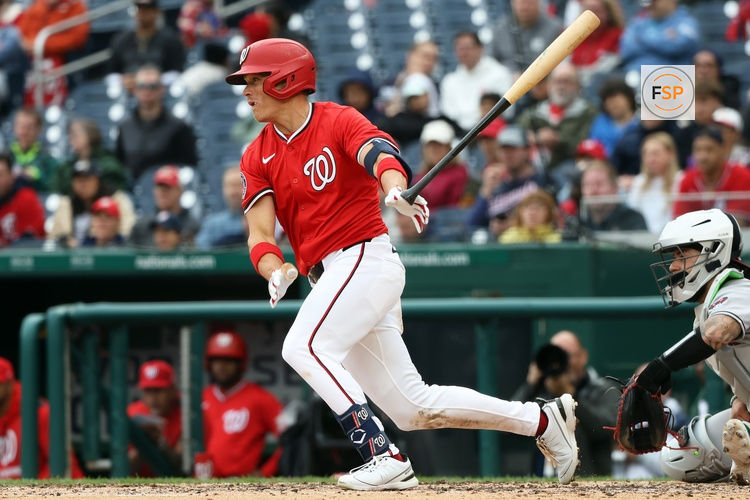 Apr 6, 2025; Washington, District of Columbia, USA; Washington Nationals outfielder Alex Call (17) hits a single during the fifth inning against the Arizona Diamondbacks at Nationals Park. Credit: Daniel Kucin Jr.-Imagn Images