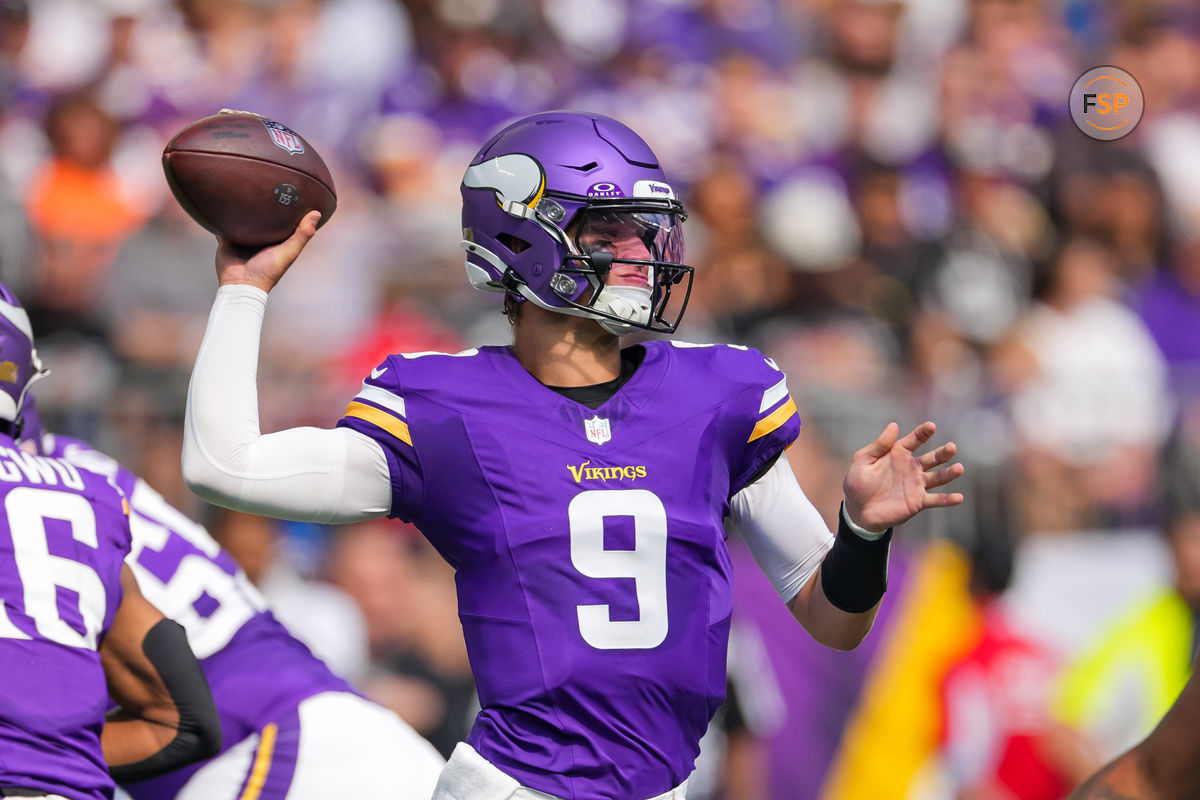 Aug 10, 2024; Minneapolis, Minnesota, USA; Minnesota Vikings quarterback J.J. McCarthy (9) passes against the Las Vegas Raiders in the second quarter at U.S. Bank Stadium. Credit: Brad Rempel-USA TODAY Sports