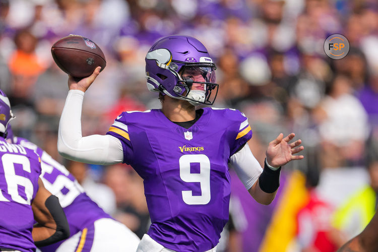 Aug 10, 2024; Minneapolis, Minnesota, USA; Minnesota Vikings quarterback J.J. McCarthy (9) passes against the Las Vegas Raiders in the second quarter at U.S. Bank Stadium. Credit: Brad Rempel-USA TODAY Sports