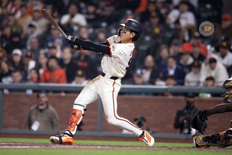 Jun 2, 2025; San Francisco, California, USA; San Francisco Giants center fielder Jung Hoo Lee (51) strikes out to end the ninth inning against the San Diego Padres at Oracle Park. Credit: D. Ross Cameron-Imagn Images