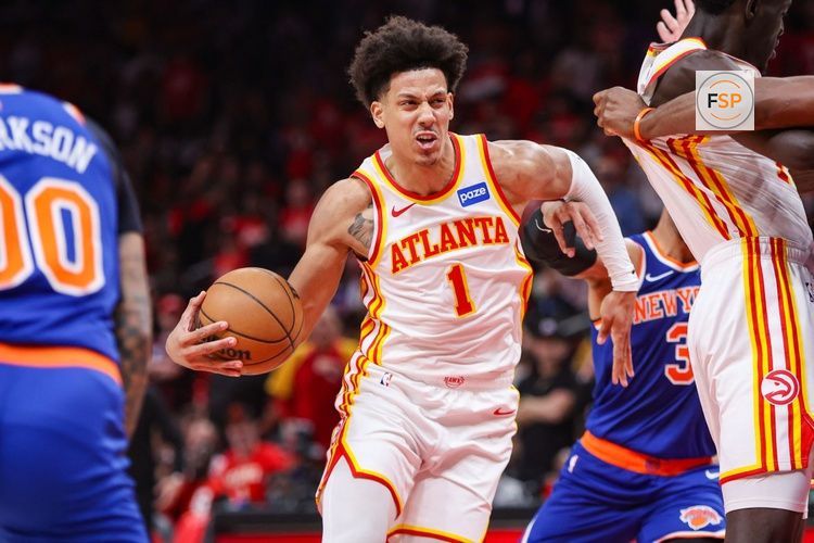 Apr 23, 2026; Atlanta, Georgia, USA; Atlanta Hawks forward Jalen Johnson (1) drives to the basket against the New York Knicks in the third quarter during game three of the first round of the 2026 NBA Playoffs at State Farm Arena. Credit: Brett Davis-Imagn Images
