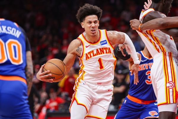 Apr 23, 2026; Atlanta, Georgia, USA; Atlanta Hawks forward Jalen Johnson (1) drives to the basket against the New York Knicks in the third quarter during game three of the first round of the 2026 NBA Playoffs at State Farm Arena. Mandatory Credit: Brett Davis-Imagn Images
