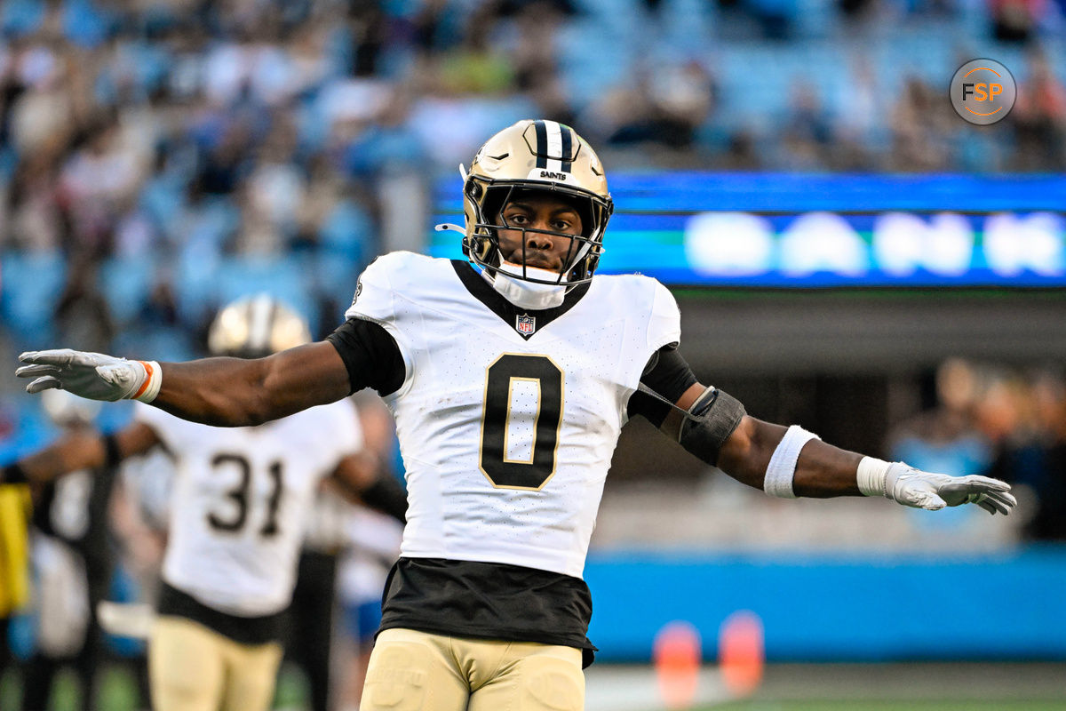 Nov 3, 2024; Charlotte, North Carolina, USA; New Orleans Saints safety Ugo Amadi (0) reacts in the fourth qarter at Bank of America Stadium. Credit: Bob Donnan-Imagn Images