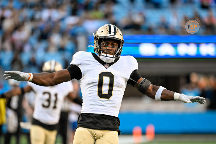 Nov 3, 2024; Charlotte, North Carolina, USA; New Orleans Saints safety Ugo Amadi (0) reacts in the fourth qarter at Bank of America Stadium. Credit: Bob Donnan-Imagn Images