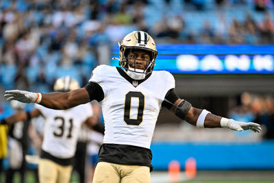 Nov 3, 2024; Charlotte, North Carolina, USA; New Orleans Saints safety Ugo Amadi (0) reacts in the fourth qarter at Bank of America Stadium. Mandatory Credit: Bob Donnan-Imagn Images