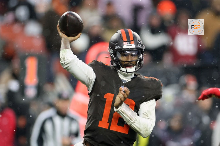 Dec 7, 2025; Cleveland, Ohio, USA; Cleveland Browns quarterback Shedeur Sanders (12) throws a pass against the Tennessee Titans during the fourth quarter at Huntington Bank Field. Credit: Scott Galvin-Imagn Images