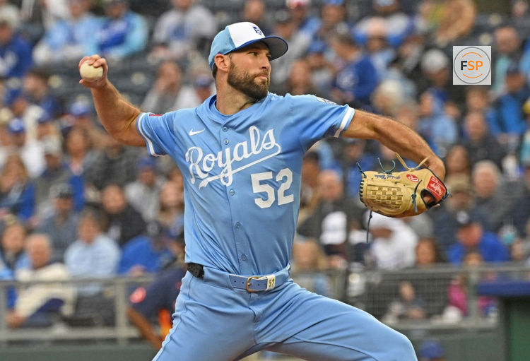 Apr 26, 2025; Kansas City, Missouri, USA;  Kansas City Royals starting pitcher Michael Wacha (52) throws a pitch in the first inning against the Houston Astros at Kauffman Stadium. Credit: Peter Aiken-Imagn Images