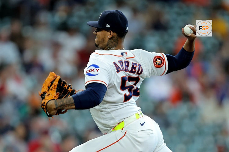 Apr 1, 2026; Houston, Texas, USA; Houston Astros pitcher Bryan Abreu (52) delivers a pitch against the Boston Red Sox during the ninth inning at Daikin Park. Credit: Erik Williams-Imagn Images