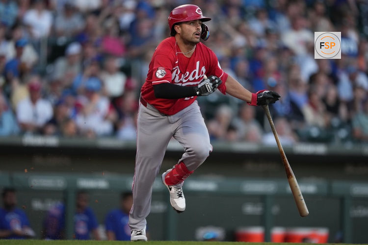 Mar 20, 2026; Mesa, Arizona, USA; Cincinnati Reds third baseman Sal Stewart (27) hits a double against the Chicago Cubs in the second inning at Sloan Park. Credit: Rick Scuteri-Imagn Images