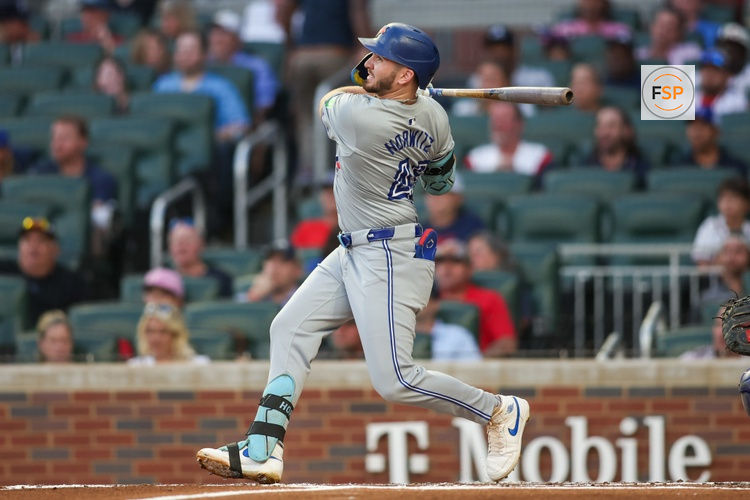 Sep 7, 2024; Atlanta, Georgia, USA; Toronto Blue Jays second baseman Spencer Horwitz (48) hits a home run against the Atlanta Braves in the second inning at Truist Park. Credit: Brett Davis-Imagn Images