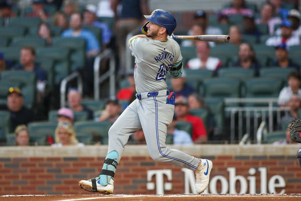 Sep 7, 2024; Atlanta, Georgia, USA; Toronto Blue Jays second baseman Spencer Horwitz (48) hits a home run against the Atlanta Braves in the second inning at Truist Park. Mandatory Credit: Brett Davis-Imagn Images