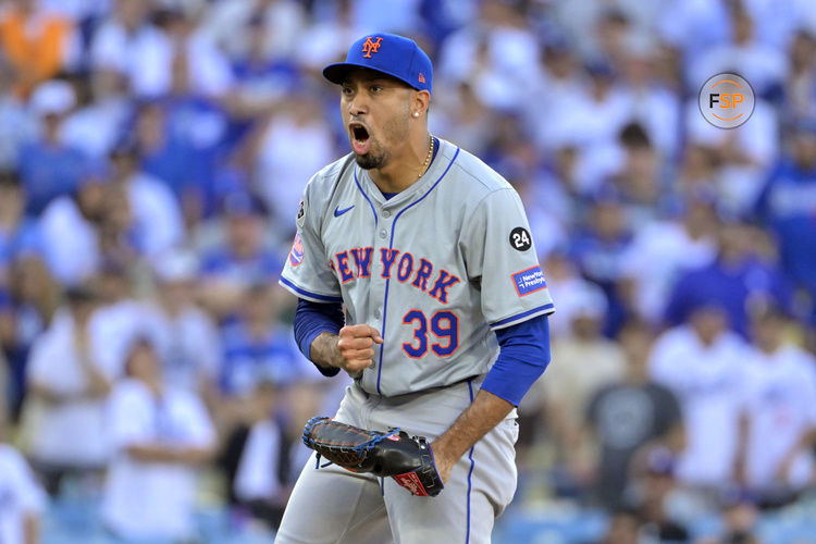 Oct 14, 2024; Los Angeles, California, USA; New York Mets pitcher Edwin Diaz (39) celebrates after defeating the Los Angeles Dodgers in game two of the NLCS for the 2024 MLB Playoffs at Dodger Stadium. Credit: Jayne Kamin-Oncea-Imagn Images