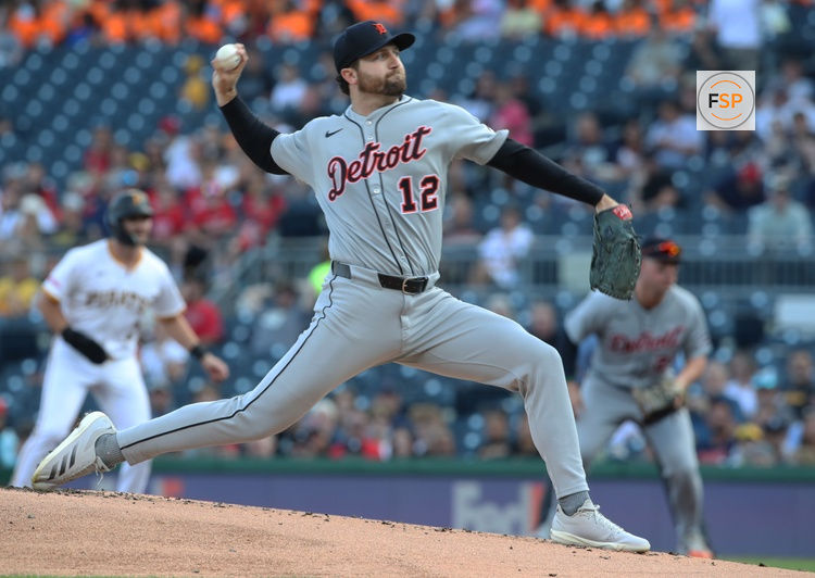 Jul 22, 2025; Pittsburgh, Pennsylvania, USA;  Detroit Tigers starting pitcher Casey Mize (12) delivers a pitch against the Pittsburgh Pirates during the first inning at PNC Park. Credit: Charles LeClaire-Imagn Images