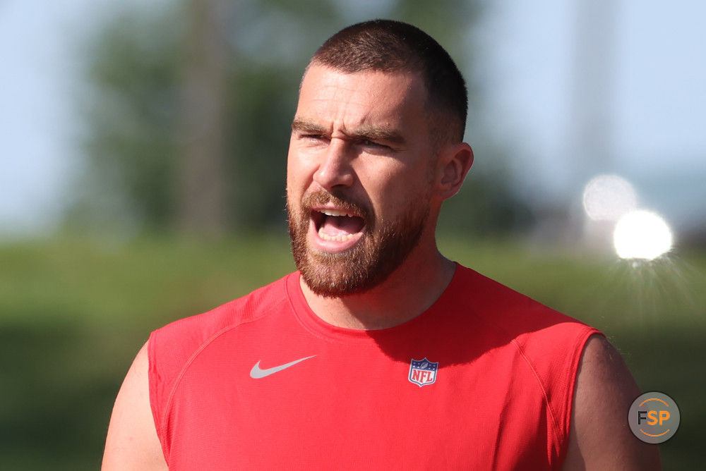 ST. JOSEPH, MO - JULY 23: Kansas City Chiefs tight end Travis Kelce (87) yells during training camp on July 23, 2023 at Missouri Western State University in St. Joseph, MO. (Photo by Scott Winters/Icon Sportswire)