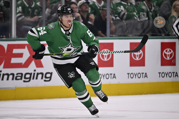 May 29, 2025; Dallas, Texas, USA; Dallas Stars center Mikael Granlund (64) skates against the Edmonton Oilers during the first period in game five of the Western Conference Final of the 2025 Stanley Cup Playoffs at American Airlines Center. Credit: Jerome Miron-Imagn Images