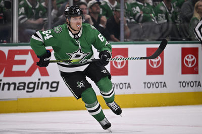 May 29, 2025; Dallas, Texas, USA; Dallas Stars center Mikael Granlund (64) skates against the Edmonton Oilers during the first period in game five of the Western Conference Final of the 2025 Stanley Cup Playoffs at American Airlines Center. Mandatory Credit: Jerome Miron-Imagn Images