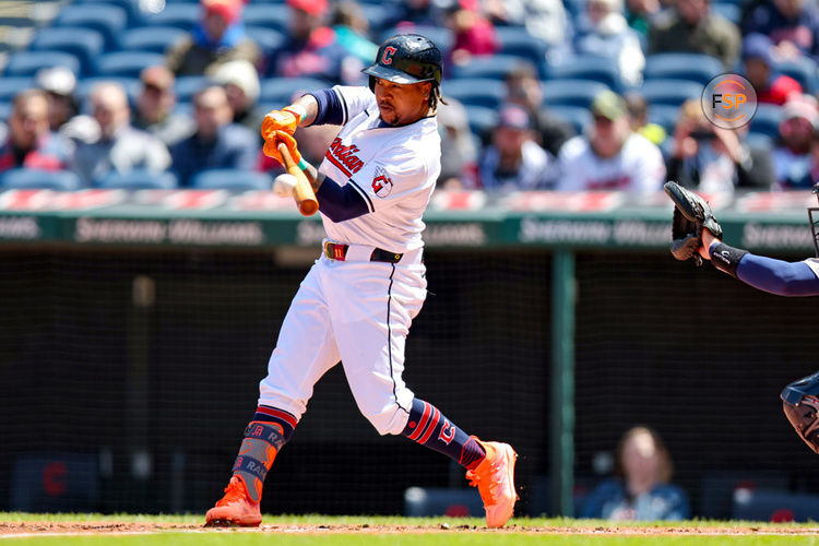 CLEVELAND, OH - APRIL 25: Cleveland Guardians designated hitter Jose Ramirez (11) singles during the first inning of the Major League Baseball game between the Boston Red Sox and Cleveland Guardians on April 25, 2024, at Progressive Field in Cleveland, OH. (Photo by Frank Jansky/Icon Sportswire)