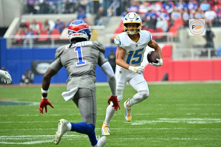 Sep 27, 2026; Orchard Park, New York, USA;  Los Angeles Chargers wide receiver Ladd McConkey (15) catches a pass for 19 yards during the third quarter against the Buffalo Bills at Former Highmark Stadium.  Credit: Mark Konezny-Imagn Images