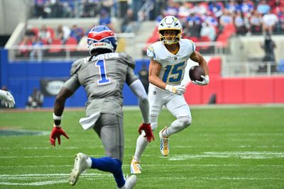 Sep 27, 2026; Orchard Park, New York, USA;  Los Angeles Chargers wide receiver Ladd McConkey (15) catches a pass for 19 yards during the third quarter against the Buffalo Bills at Former Highmark Stadium.  Mandatory Credit: Mark Konezny-Imagn Images