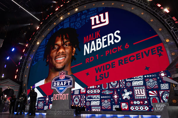 DETROIT, MI - APRIL 25: The the New York Giants select LSU Wide Receiver Malik Nabers sixth overall during day 1 of the NFL Draft on April 25, 2024 at Campus Martius Park and Hart Plaza in Detroit, MI. (Photo by John Smolek/Icon Sportswire)