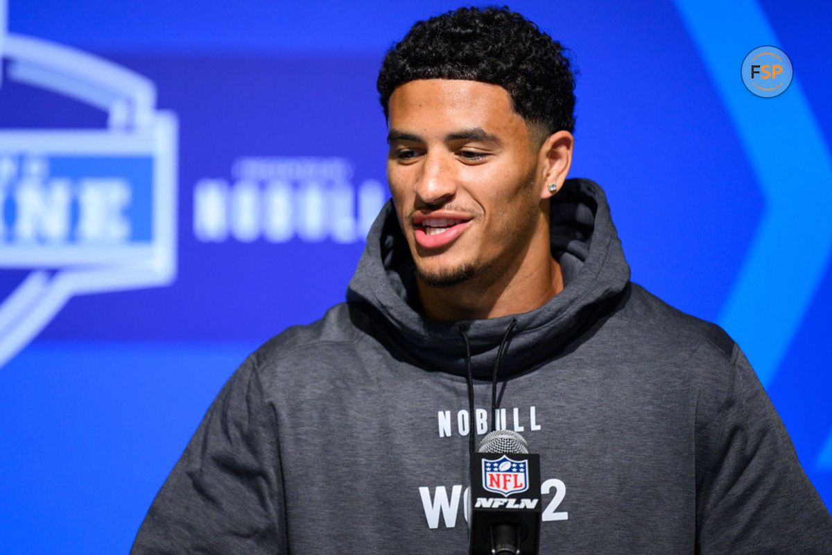 INDIANAPOLIS, IN - MARCH 03: Stanford wide receiver Michael Wilson answers questions from the media during the NFL Scouting Combine on March 3, 2023, at the Indiana Convention Center in Indianapolis, IN. (Photo by Zach Bolinger/Icon Sportswire)