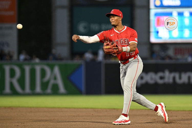 Apr 8, 2025; Anaheim, California, USA; Los Angeles Angels second baseman Kyren Paris (19) throws to first base in the sixth inning against the Tampa Bay Rays at George M. Steinbrenner Field. Credit: Jonathan Dyer-Imagn Images