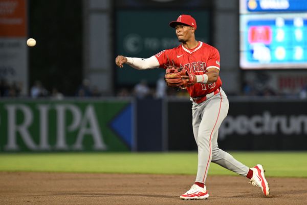Apr 8, 2025; Anaheim, California, USA; Los Angeles Angels second baseman Kyren Paris (19) throws to first base in the sixth inning against the Tampa Bay Rays at George M. Steinbrenner Field. Mandatory Credit: Jonathan Dyer-Imagn Images