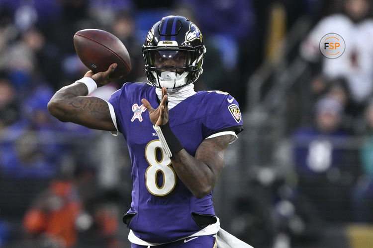 Dec 21, 2024; Baltimore, Maryland, USA;  Baltimore Ravens quarterback Lamar Jackson (8) throws during the first half against the Pittsburgh Steelers at M&T Bank Stadium. Credit: Tommy Gilligan-Imagn Images