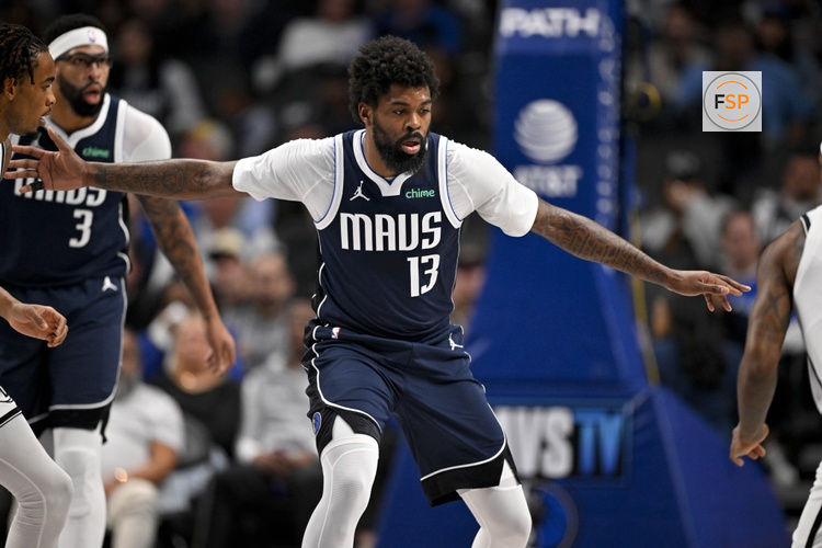 Dec 12, 2025; Dallas, Texas, USA; Dallas Mavericks forward Naji Marshall (13) looks on during the game between the Mavericks and the Nets at the American Airlines Center. Credit: Jerome Miron-Imagn Images