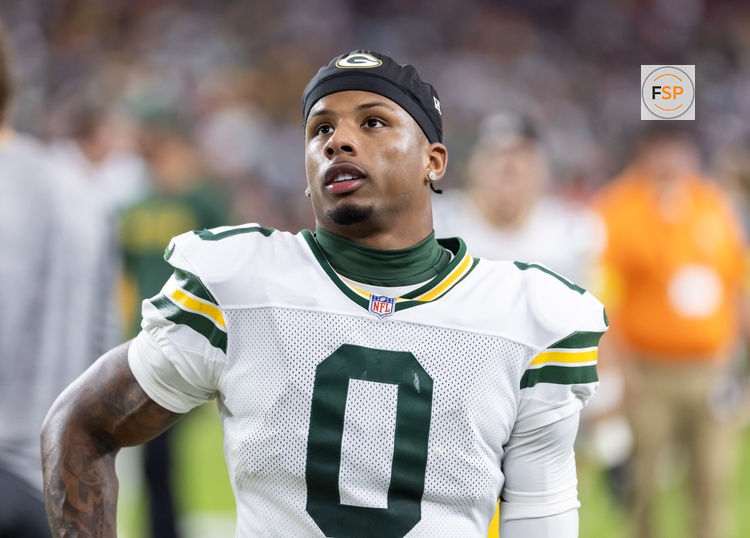 Oct 19, 2025; Glendale, Arizona, USA; Green Bay Packers wide receiver Matthew Golden (0) against the Arizona Cardinals at State Farm Stadium. Credit: Mark J. Rebilas-Imagn Images