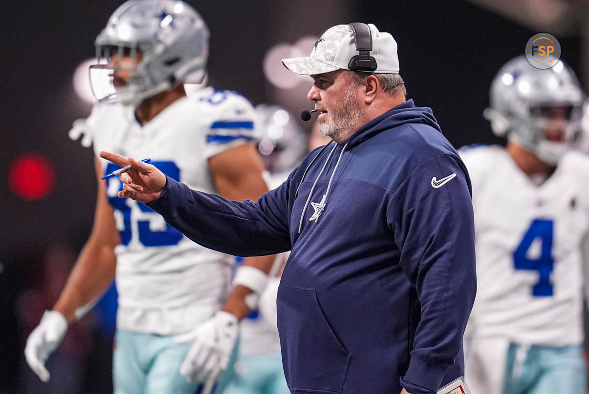 Nov 3, 2024; Atlanta, Georgia, USA; Dallas Cowboys head coach Mike McCarthy on the sideline against the Atlanta Falcons during the second half at Mercedes-Benz Stadium. Credit: Dale Zanine-Imagn Images