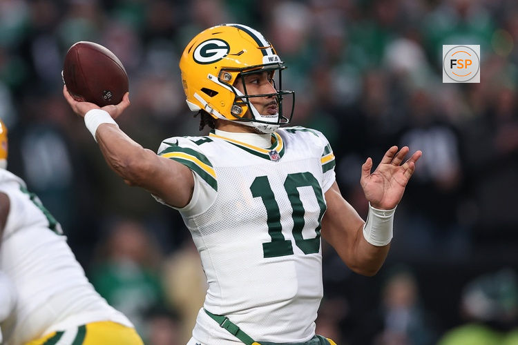 Jan 12, 2025; Philadelphia, Pennsylvania, USA; Green Bay Packers quarterback Jordan Love (10) drops back to pass against the Philadelphia Eagles during the first quarter in the NFC wild card game at Lincoln Financial Field. Credit: Bill Streicher-Imagn Images