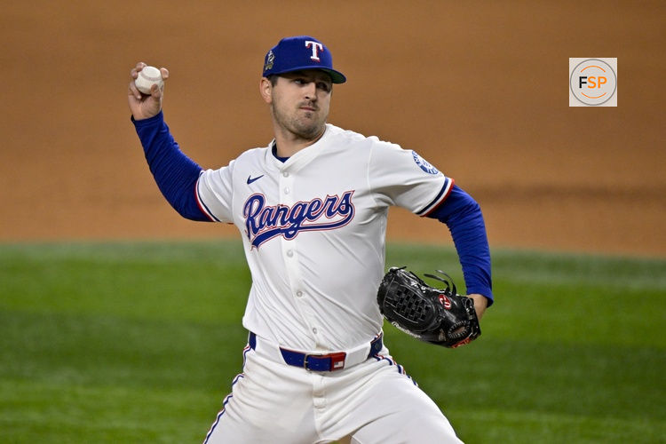 Apr 15, 2025; Arlington, Texas, USA; Texas Rangers starting pitcher Tyler Mahle pitches against the Los Angeles Angels during the fifth inning at Globe Life Field. All MLB players will be wearing the number 42 on Jackie Robinson Day to commemorate Robinson making his major league debut in 1947. Credit: Jerome Miron-Imagn Images