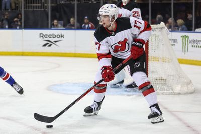 Mar 31, 2026; New York, New York, USA;  New Jersey Devils defenseman Simon Nemec (17) controls the puck in the second period against the New York Rangers at Madison Square Garden. Mandatory Credit: Wendell Cruz-Imagn Images