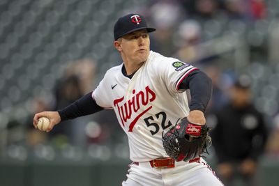 May 19, 2026; Minneapolis, Minnesota, USA; Minnesota Twins starting pitcher Zebby Matthews (52) delivers a pitch against the Houston Astros in the first inning at Target Field. Mandatory Credit: Jesse Johnson-Imagn Images