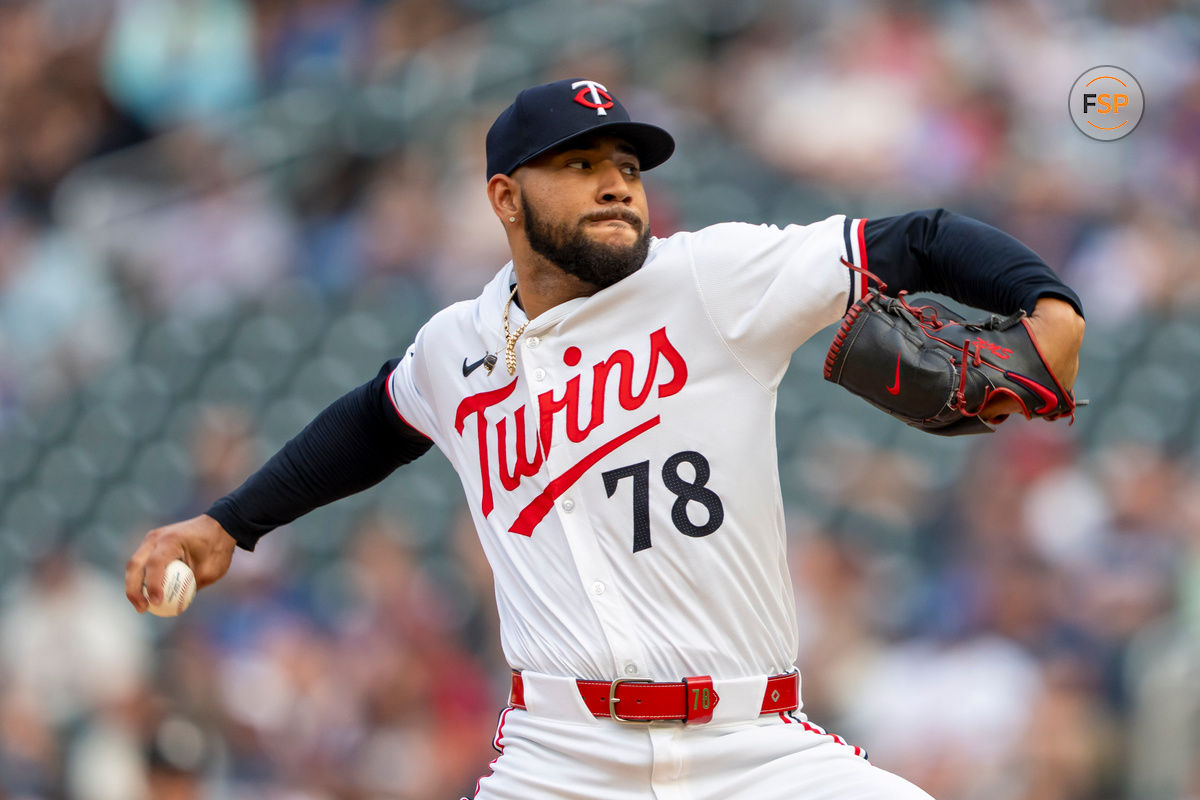 Jul 23, 2024; Minneapolis, Minnesota, USA; Minnesota Twins starting pitcher Simeon Woods Richardson (78) delivers a pitch against the Philadelphia Phillies in the first inning at Target Field. Mandatory Credit: Jesse Johnson-USA TODAY Sports