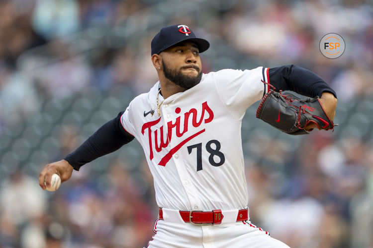 Jul 23, 2024; Minneapolis, Minnesota, USA; Minnesota Twins starting pitcher Simeon Woods Richardson (78) delivers a pitch against the Philadelphia Phillies in the first inning at Target Field. Mandatory Credit: Jesse Johnson-USA TODAY Sports