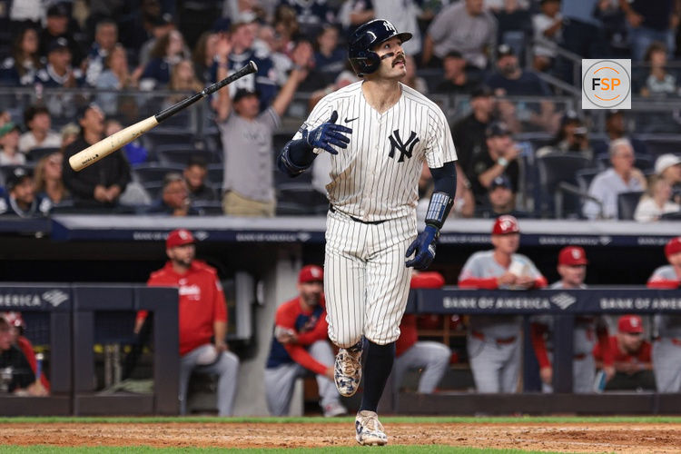 Aug 30, 2024; Bronx, New York, USA;New York Yankees catcher Austin Wells (28) hits a two run home run during the eighth inning against the St. Louis Cardinals at Yankee Stadium. Credit: Vincent Carchietta-USA TODAY Sports