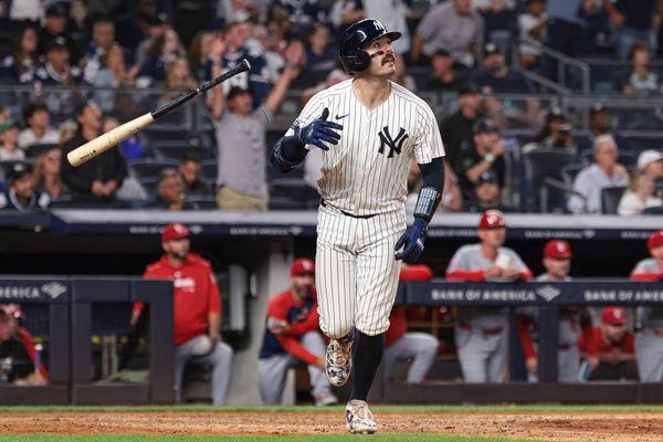 Aug 30, 2024; Bronx, New York, USA;New York Yankees catcher Austin Wells (28) hits a two run home run during the eighth inning against the St. Louis Cardinals at Yankee Stadium. Mandatory Credit: Vincent Carchietta-USA TODAY Sports
