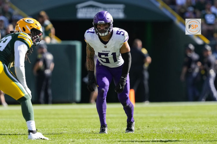 Sep 29, 2024; Green Bay, Wisconsin, USA;  Minnesota Vikings linebacker Blake Cashman (51) during the game against the Minnesota Vikings at Lambeau Field. Credit: Jeff Hanisch-Imagn Images