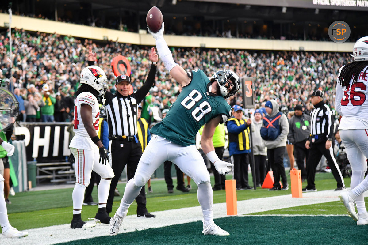 Dec 31, 2023; Philadelphia, Pennsylvania, USA; Philadelphia Eagles tight end Dallas Goedert (88) spikes the ball after his touchdown catch against the Arizona Cardinals during the fourth quarter at Lincoln Financial Field. Credit: Eric Hartline-USA TODAY Sports