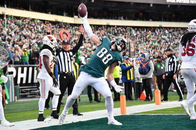 Dec 31, 2023; Philadelphia, Pennsylvania, USA; Philadelphia Eagles tight end Dallas Goedert (88) spikes the ball after his touchdown catch against the Arizona Cardinals during the fourth quarter at Lincoln Financial Field. Mandatory Credit: Eric Hartline-USA TODAY Sports