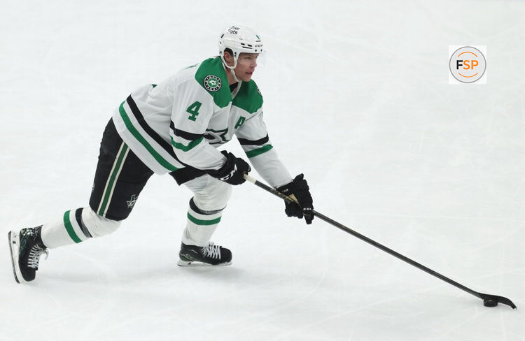 Mar 28, 2026; Pittsburgh, Pennsylvania, USA;  Dallas Stars defenseman Miro Heiskanen (4) skates with the puck against the Pittsburgh Penguins during the third period at PPG Paints Arena. Credit: Charles LeClaire-Imagn Images