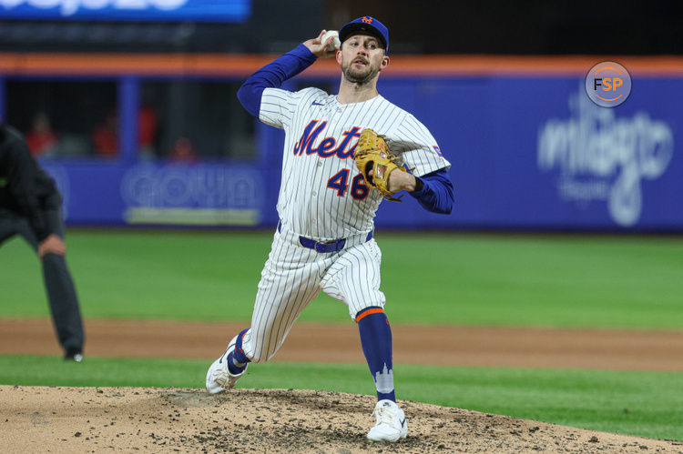 Apr 17, 2025; New York City, New York, USA; New York Mets starting pitcher Griffin Canning (46) delivers a pitch during the fourth inning against the St. Louis Cardinals at Citi Field. Credit: Vincent Carchietta-Imagn Images