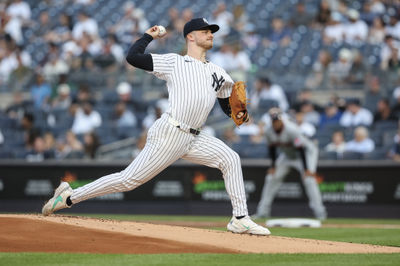 Jun 4, 2025; Bronx, New York, USA;  New York Yankees starting pitcher Clarke Schmidt (36) pitches in the first inning against the Cleveland Guardians at Yankee Stadium. Mandatory Credit: Wendell Cruz-Imagn Images