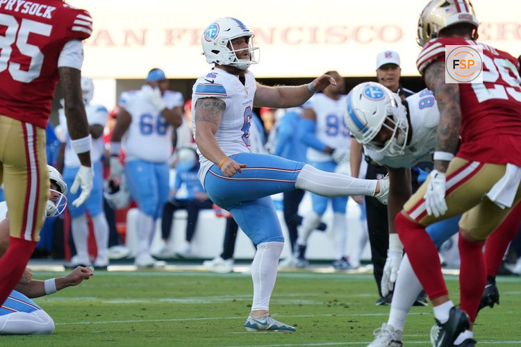 Aug 13, 2026; Santa Clara, California, USA;  Tennessee Titans place kicker Joey Slye (6) kicks a field goal as San Francisco 49ers cornerback Ephesians Prysock (35) and San Francisco 49ers safety Ashtyn Davis (29) look on in the first quarter at Levi's Stadium. Credit: David Gonzales-Imagn Images